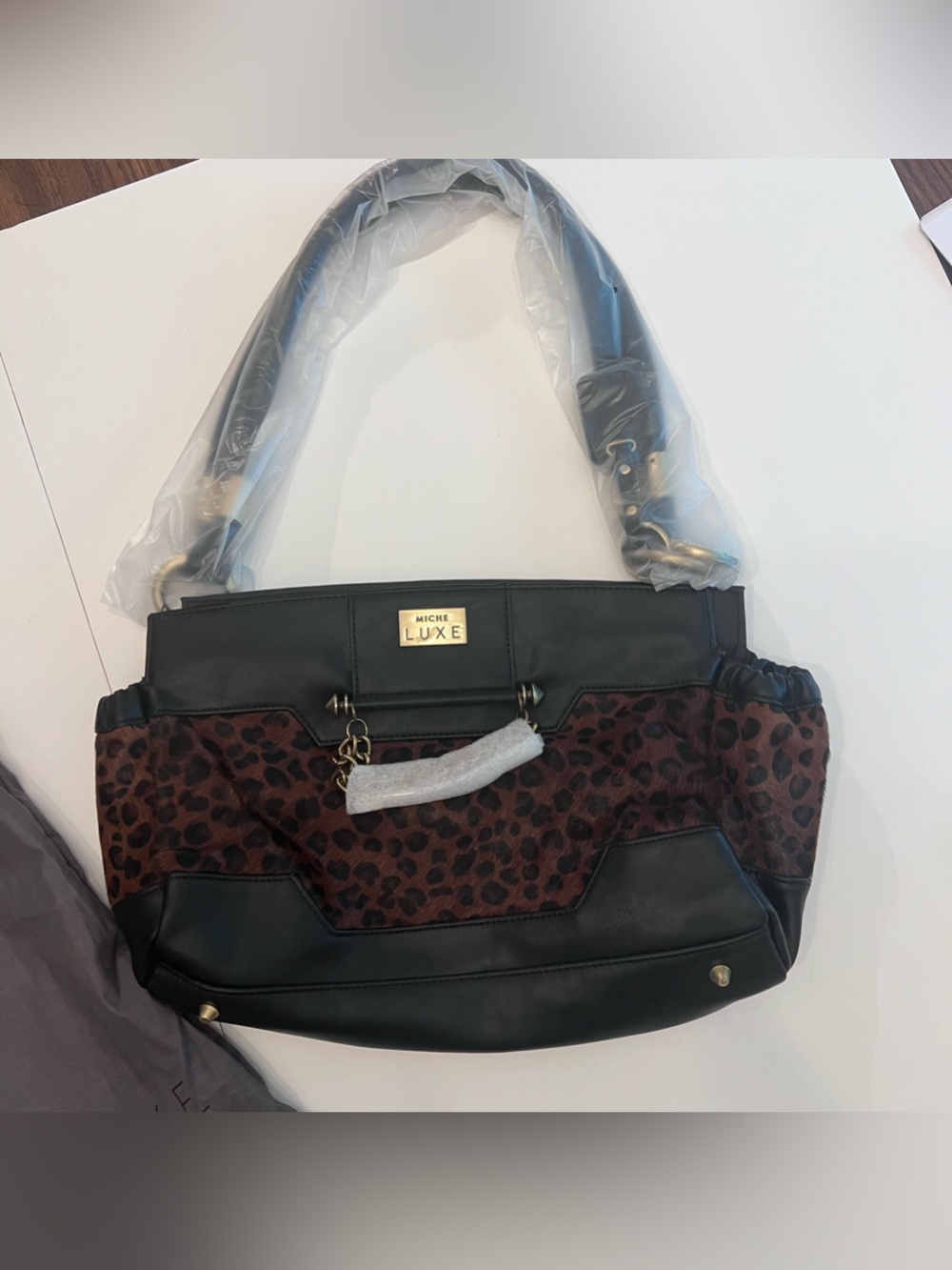 Miche Luxe Black Shoulder Bag with Brown Leopard Panels